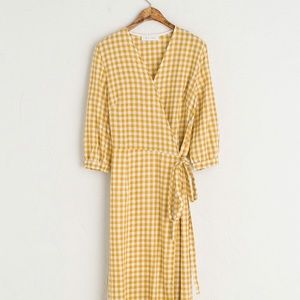 Mustard Gingham Wrap Midi Dress